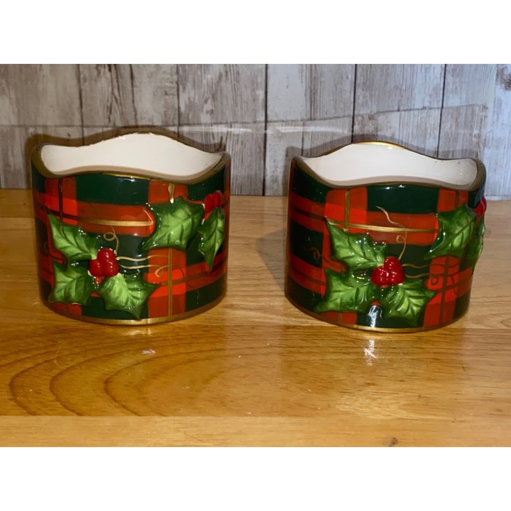 Set of 2 Christmas Plaid Poinsettia Candle Tealight Votive Holders Hand Painted